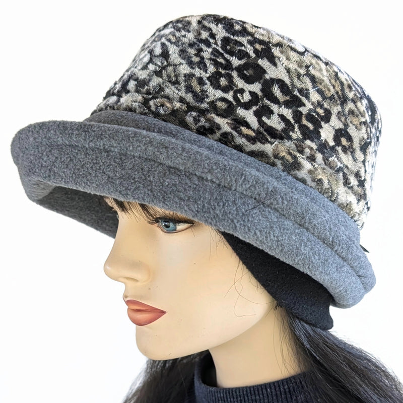 Niagara Fashion Bucket Hat with earflaps,  in charcoal fleece with plush velvet animal print burnout band and flattering brim (Copy)