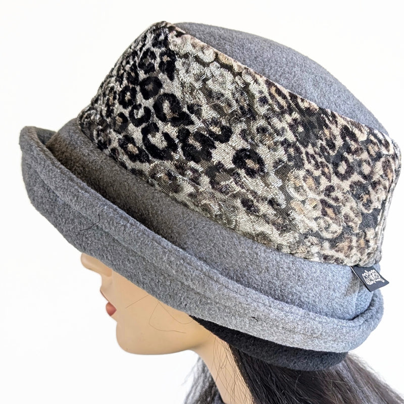 Niagara Fashion Bucket Hat with earflaps,  in charcoal fleece with plush velvet animal print burnout band and flattering brim (Copy)