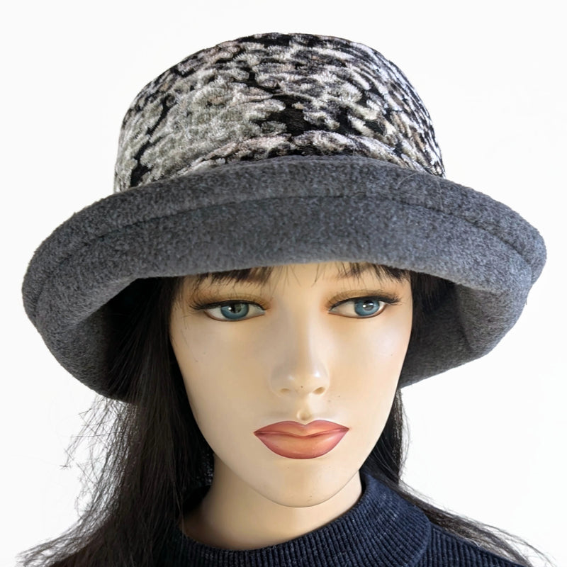 Niagara Fashion Bucket Hat with earflaps,  in charcoal fleece with plush velvet animal print burnout band and flattering brim (Copy)