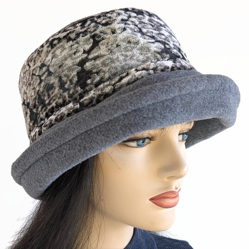 Niagara Fashion Bucket Hat with earflaps,  in charcoal fleece with plush velvet animal print burnout band and flattering brim (Copy)