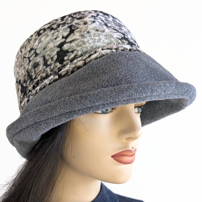 Niagara Fashion Bucket Hat with earflaps,  in charcoal fleece with plush velvet animal print burnout band and flattering brim (Copy)