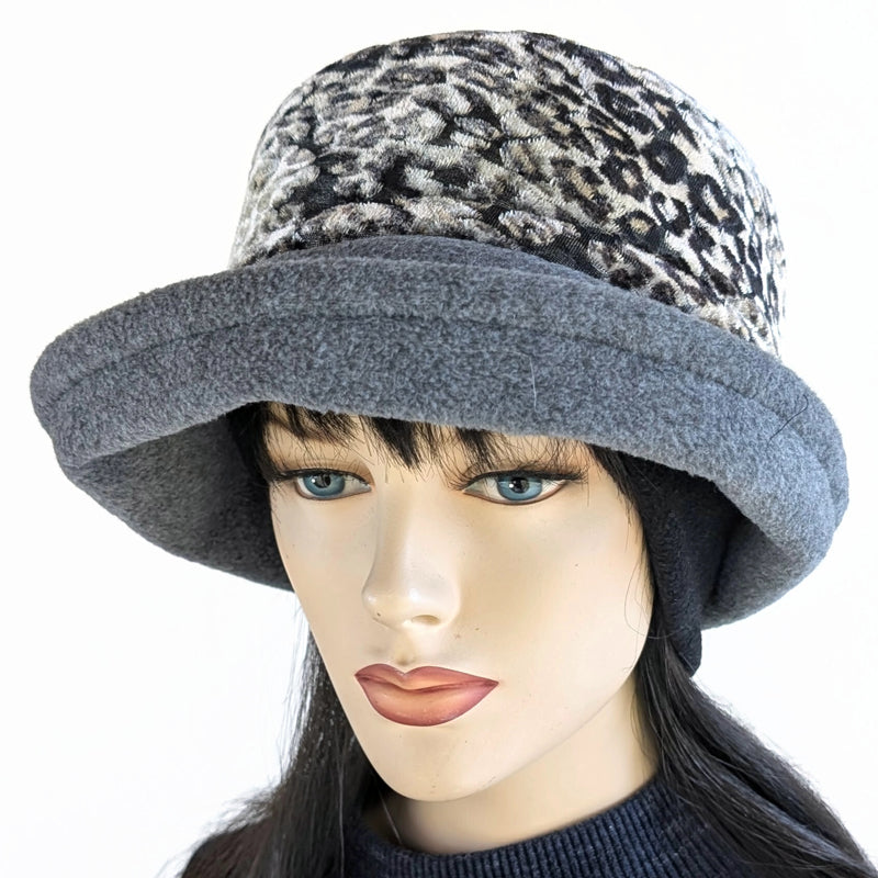 Niagara Fashion Bucket Hat with earflaps,  in charcoal fleece with plush velvet animal print burnout band and flattering brim (Copy)