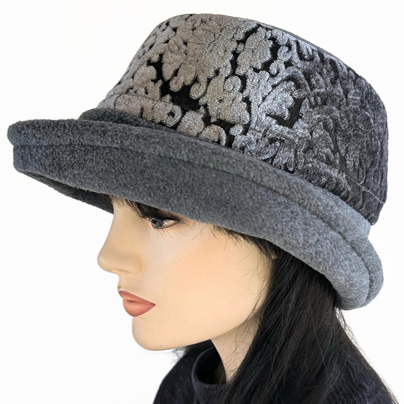 Niagara Fashion Bucket Hat with earflaps,  in charcoal fleece with plush velvet burnout band and flattering brim