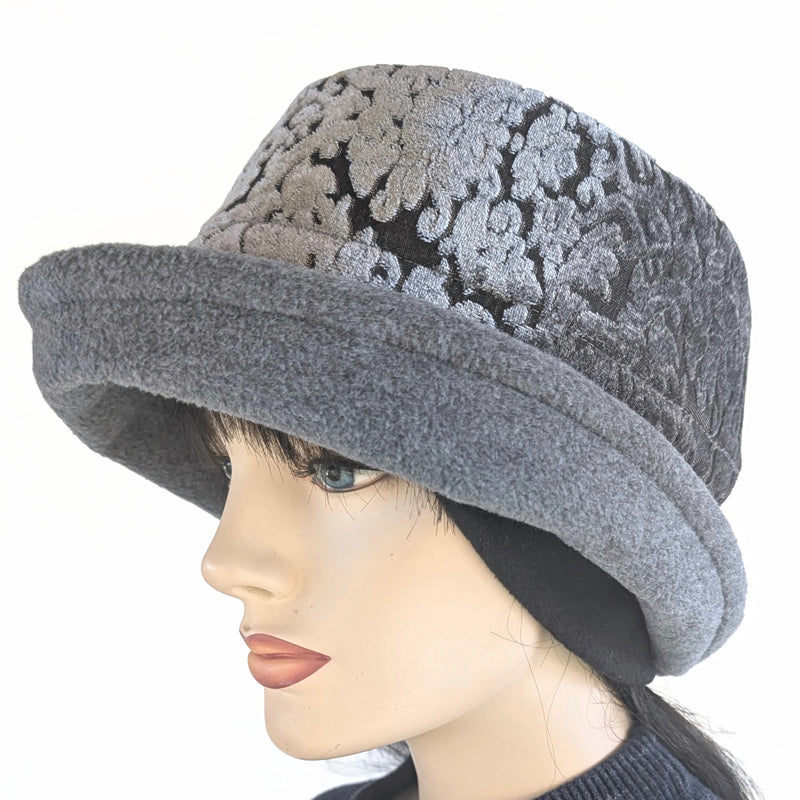 Niagara Fashion Bucket Hat with earflaps,  in charcoal fleece with plush velvet burnout band and flattering brim