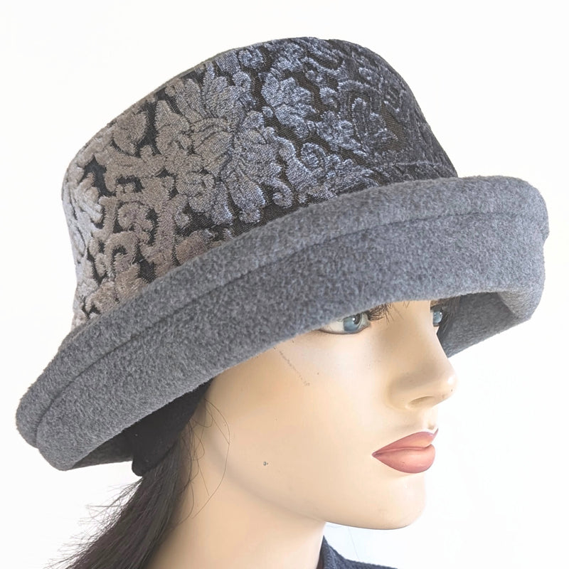 Niagara Fashion Bucket Hat with earflaps,  in charcoal fleece with plush velvet burnout band and flattering brim