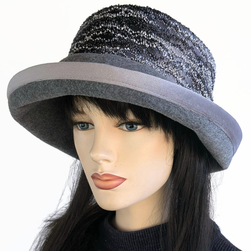 Premium Winter Fashion Hat in charcoal, with textured boucle band, silver velvet edge trim and wide brim