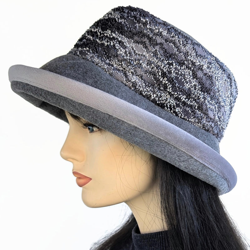 Premium Winter Fashion Hat in charcoal, with textured boucle band, silver velvet edge trim and wide brim