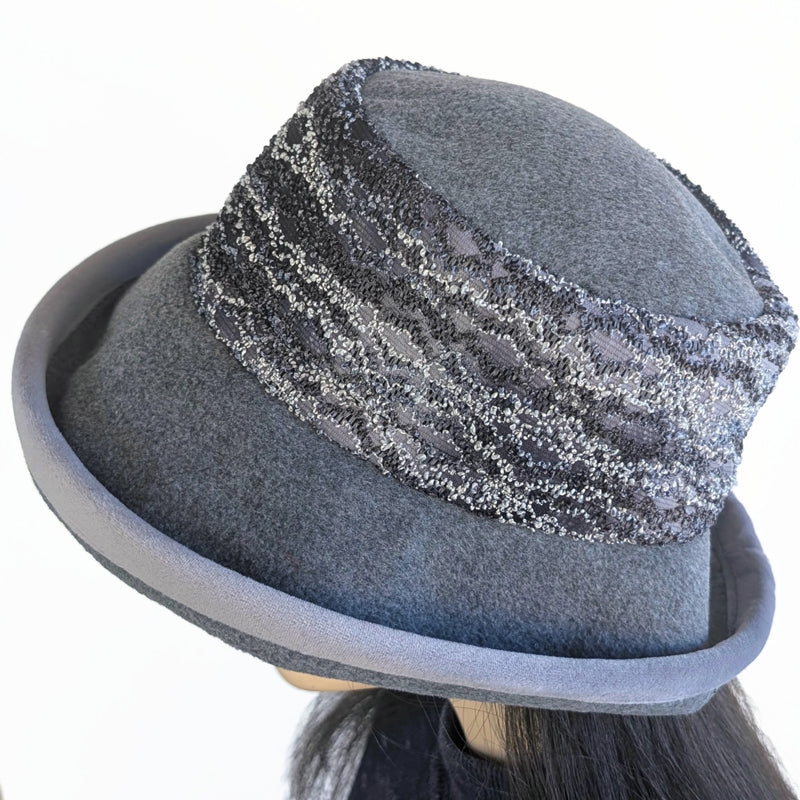 Premium Winter Fashion Hat in charcoal, with textured boucle band, silver velvet edge trim and wide brim