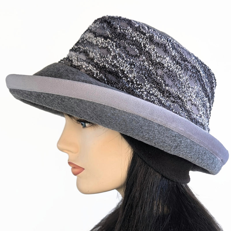 Premium Winter Fashion Hat in charcoal, with textured boucle band, silver velvet edge trim and wide brim