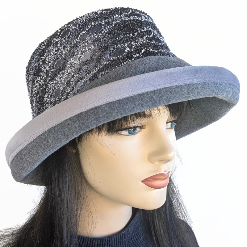 Premium Winter Fashion Hat in charcoal, with textured boucle band, silver velvet edge trim and wide brim