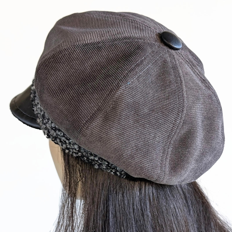 Poorboy Fashion Cap in charcoal corduroy with black faux leather visor and fuzzy boucle band