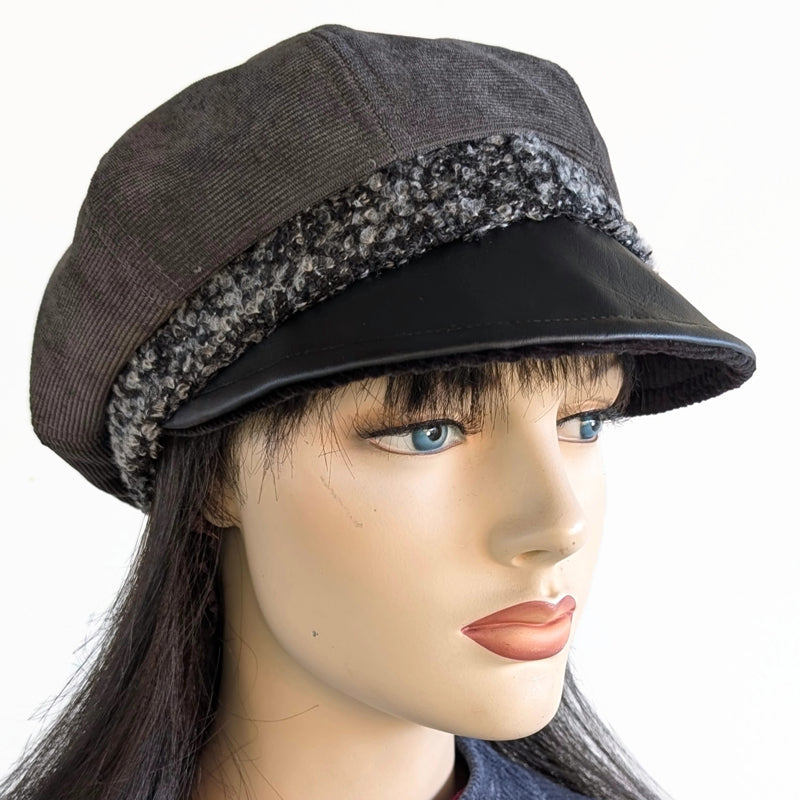 Poorboy Fashion Cap in charcoal corduroy with black faux leather visor and fuzzy boucle band