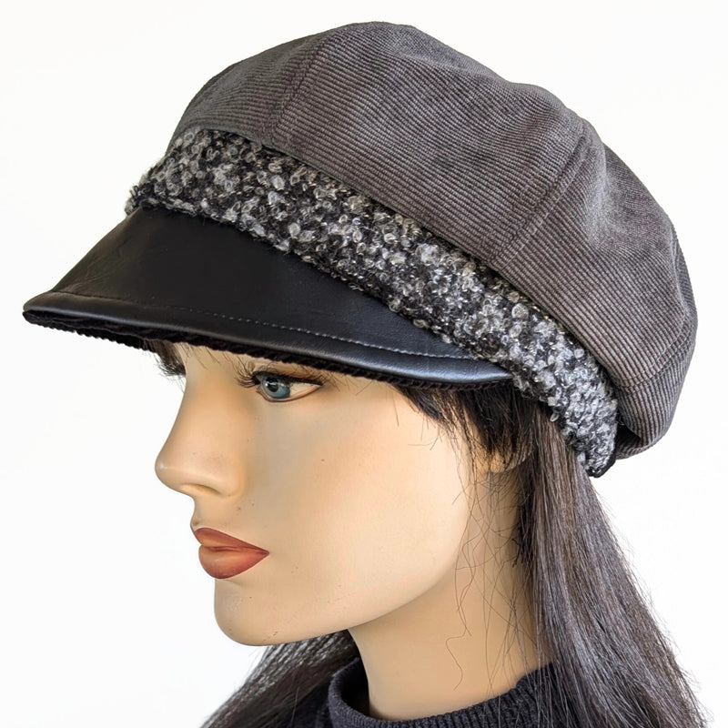 Poorboy Fashion Cap in charcoal corduroy with black faux leather visor and fuzzy boucle band