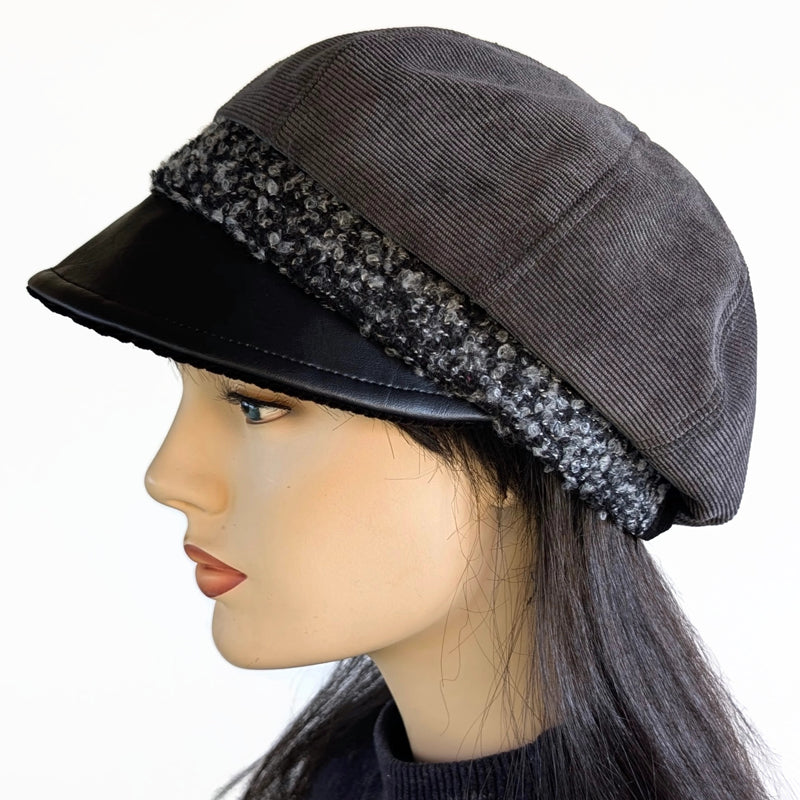 Poorboy Fashion Cap in charcoal corduroy with black faux leather visor and fuzzy boucle band