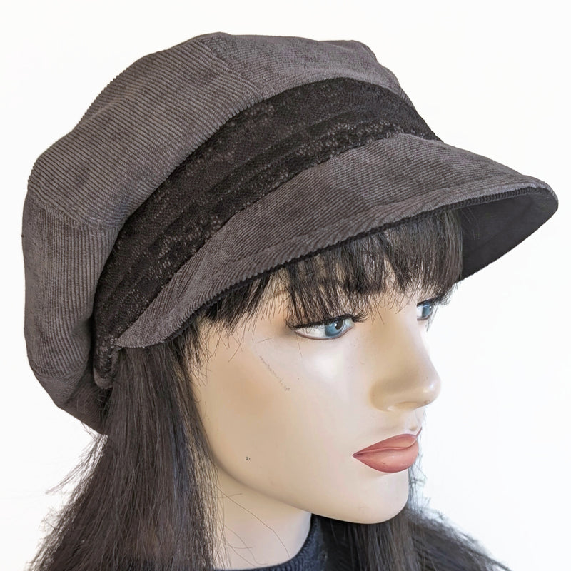 Newsboy Poorboy Fashion Cap with black lace trim, relaxed fit, Assorted Colors