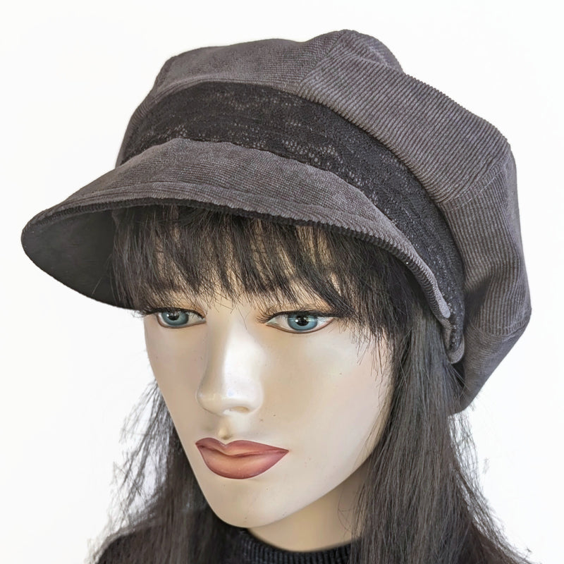 Newsboy Poorboy Fashion Cap with black lace trim, relaxed fit, Assorted Colors