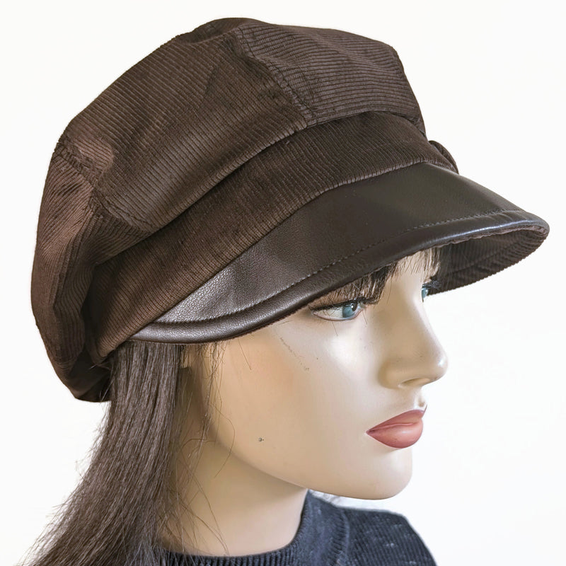 Baggy Newsboy Fashion Cap in chocolate brown with matching vegan leather trim, relaxed fit