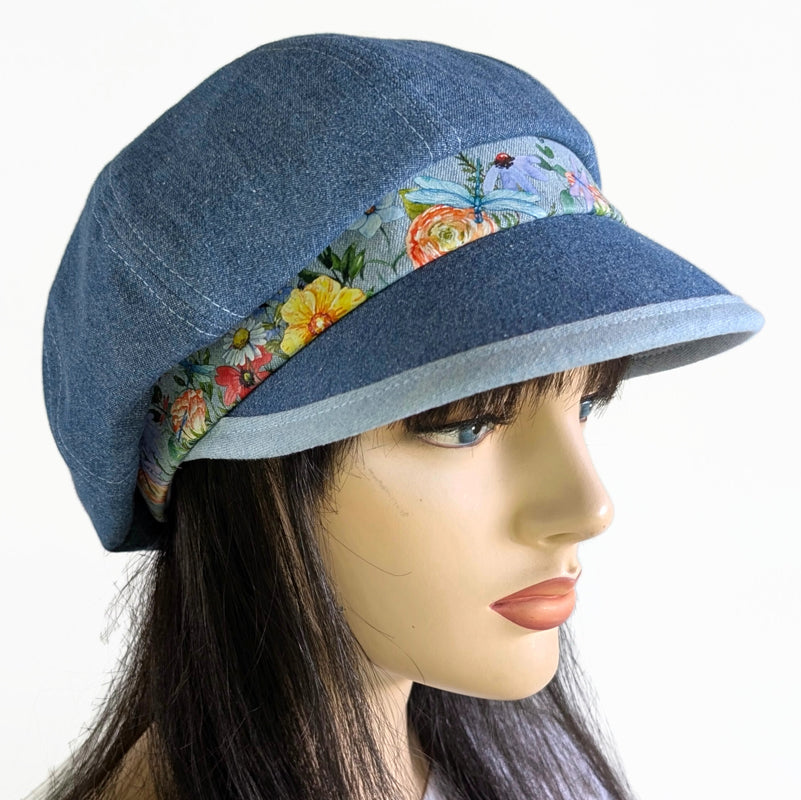 Poorboy Fashion Cap in washed blue denim, floral with dragonflies accents, flattering visor, baggy fit