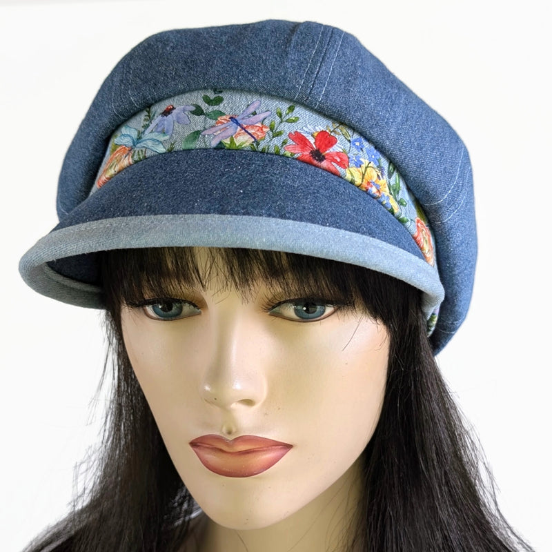 Poorboy Fashion Cap in washed blue denim, floral with dragonflies accents, flattering visor, baggy fit