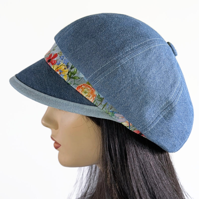 Poorboy Fashion Cap in washed blue denim, floral with dragonflies accents, flattering visor, baggy fit
