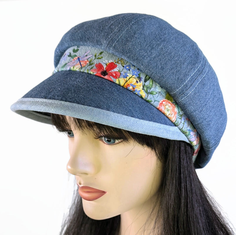 Poorboy Fashion Cap in washed blue denim, floral with dragonflies accents, flattering visor, baggy fit