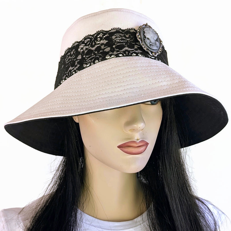 Extra deep brim Sun Hat Perfect Bucket Hat, cream and black with cameo pint