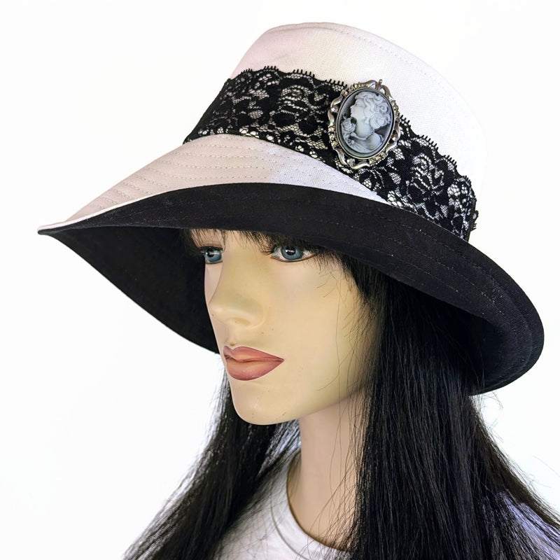 Extra deep brim Sun Hat Perfect Bucket Hat, cream and black with cameo pint