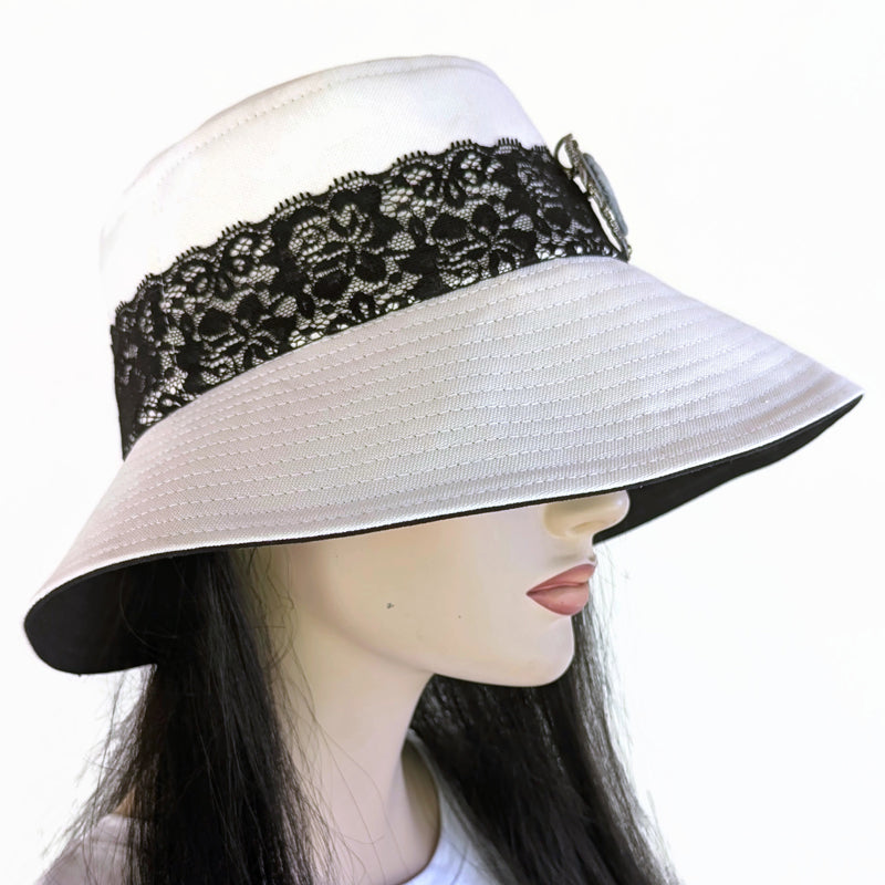 Extra deep brim Sun Hat Perfect Bucket Hat, cream and black with cameo pint