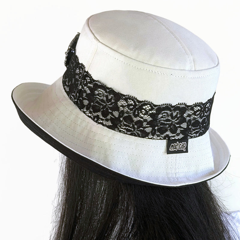 Extra deep brim Sun Hat Perfect Bucket Hat, cream and black with cameo pint