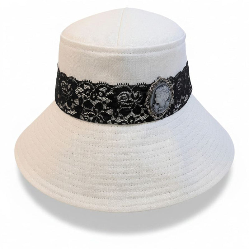 Extra deep brim Sun Hat Perfect Bucket Hat, cream and black with cameo pint