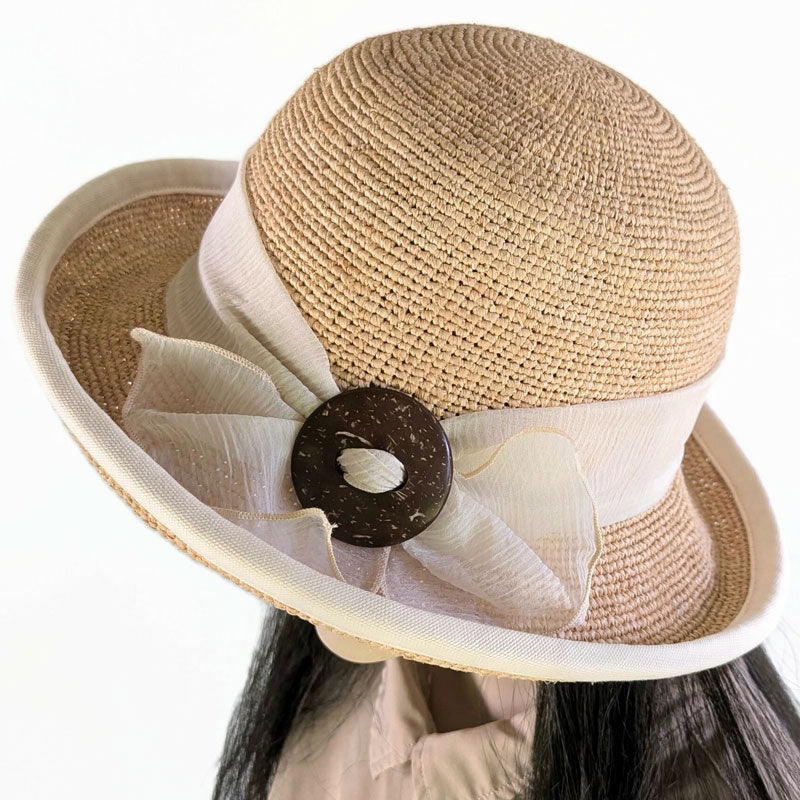 206-c Crochet Raffia Sun Hat with adjustable fit with cream trim