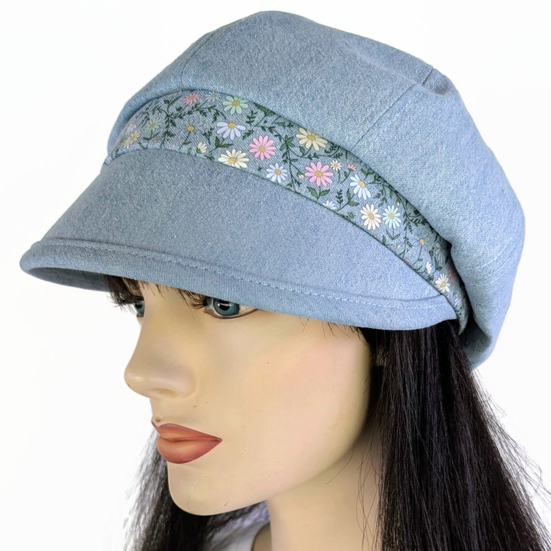 Poorboy Fashion Cap in bleached blue denim, pastel dainty flower accents, flattering visor, baggy fit