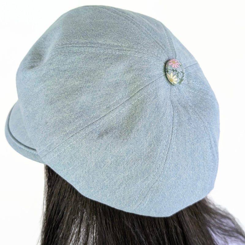Poorboy Fashion Cap in bleached blue denim, pastel dainty flower accents, flattering visor, baggy fit