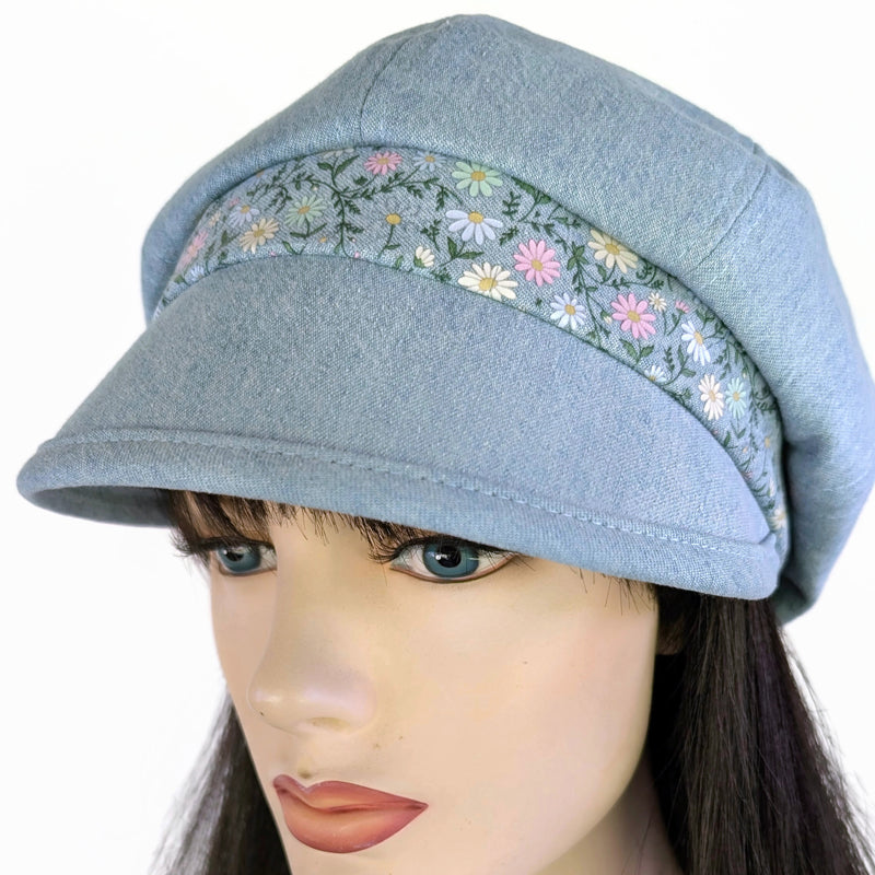 Poorboy Fashion Cap in bleached blue denim, pastel dainty flower accents, flattering visor, baggy fit