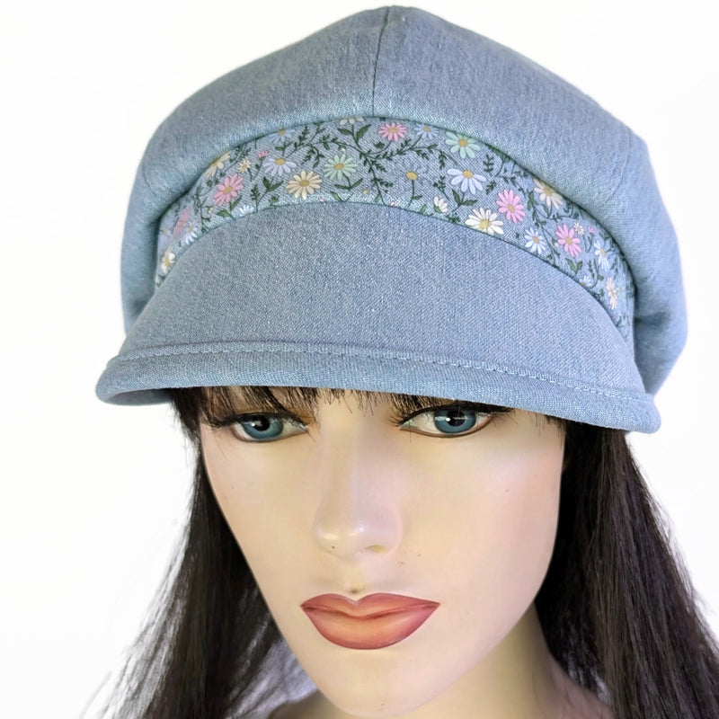 Poorboy Fashion Cap in bleached blue denim, pastel dainty flower accents, flattering visor, baggy fit