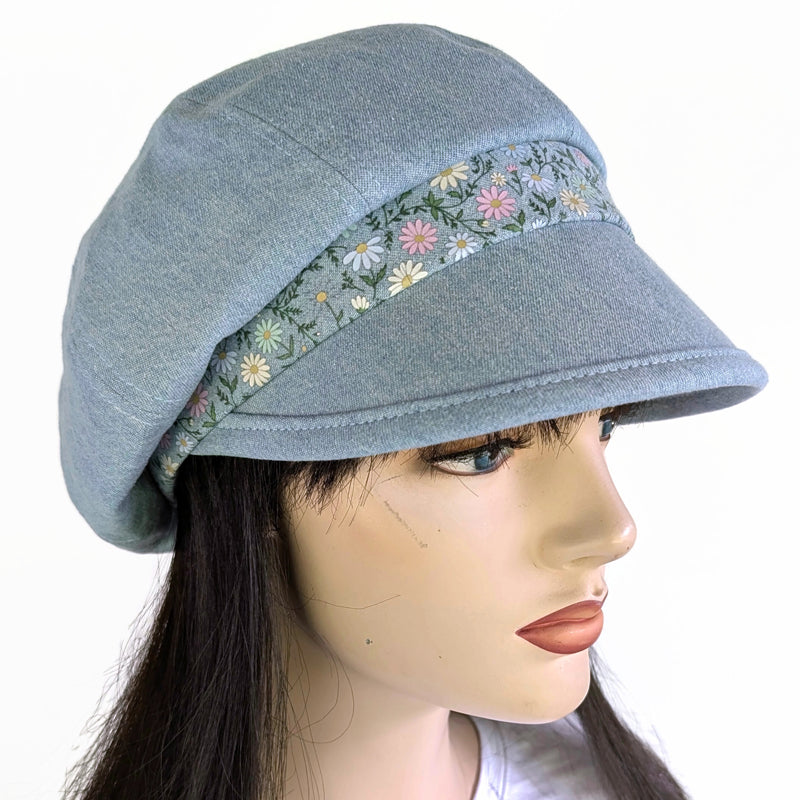 Poorboy Fashion Cap in bleached blue denim, pastel dainty flower accents, flattering visor, baggy fit