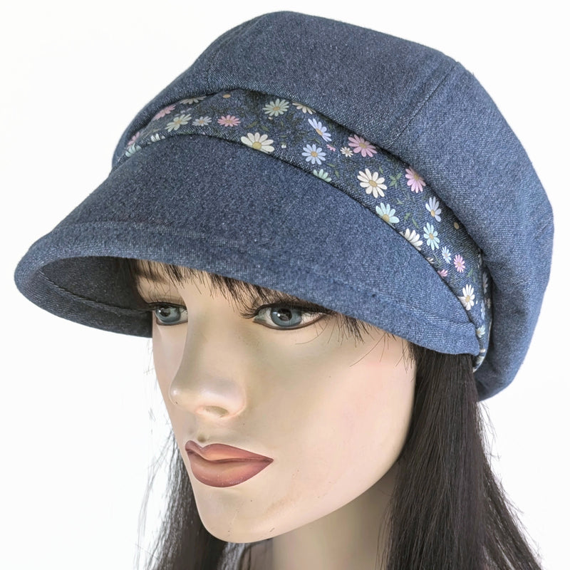 Poorboy Fashion Cap in washed blue denim, pastel dainty flower accents, flattering visor, baggy fit