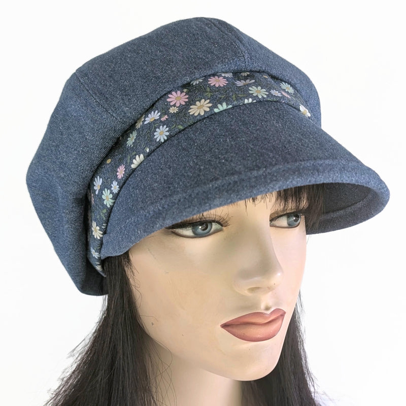 Poorboy Fashion Cap in washed blue denim, pastel dainty flower accents, flattering visor, baggy fit