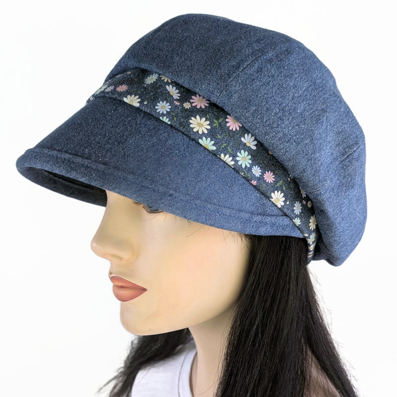 Poorboy Fashion Cap in washed blue denim, pastel dainty flower accents, flattering visor, baggy fit