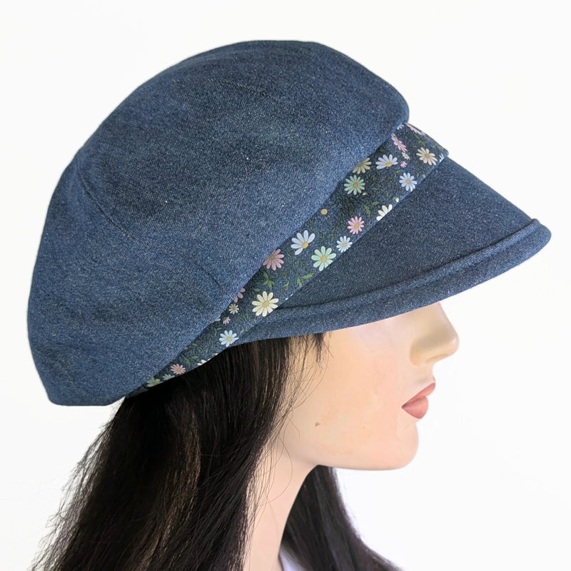 Poorboy Fashion Cap in washed blue denim, pastel dainty flower accents, flattering visor, baggy fit