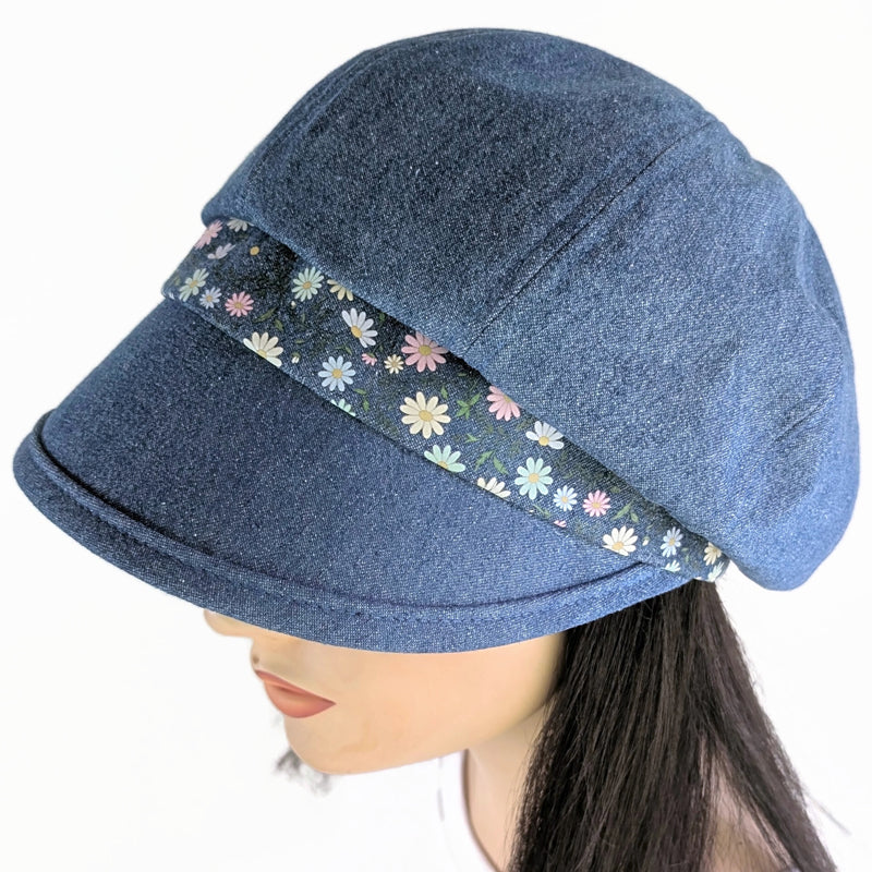 Poorboy Fashion Cap in washed blue denim, pastel dainty flower accents, flattering visor, baggy fit