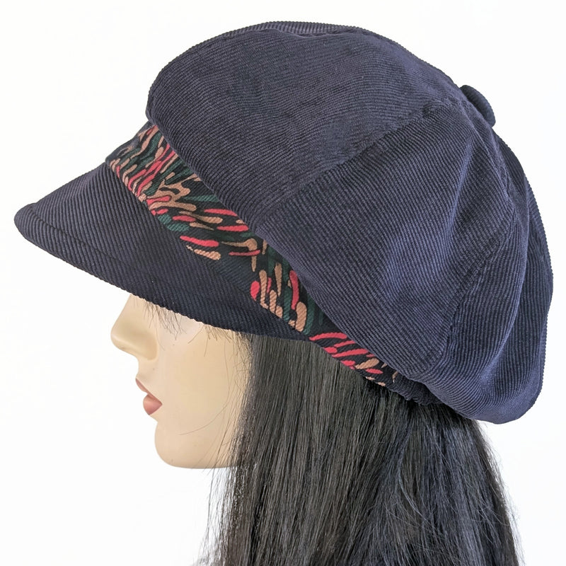 New Boho Fashion Cap in dark navy with navy fun peacock print inspired band, relaxed fit in corduroy