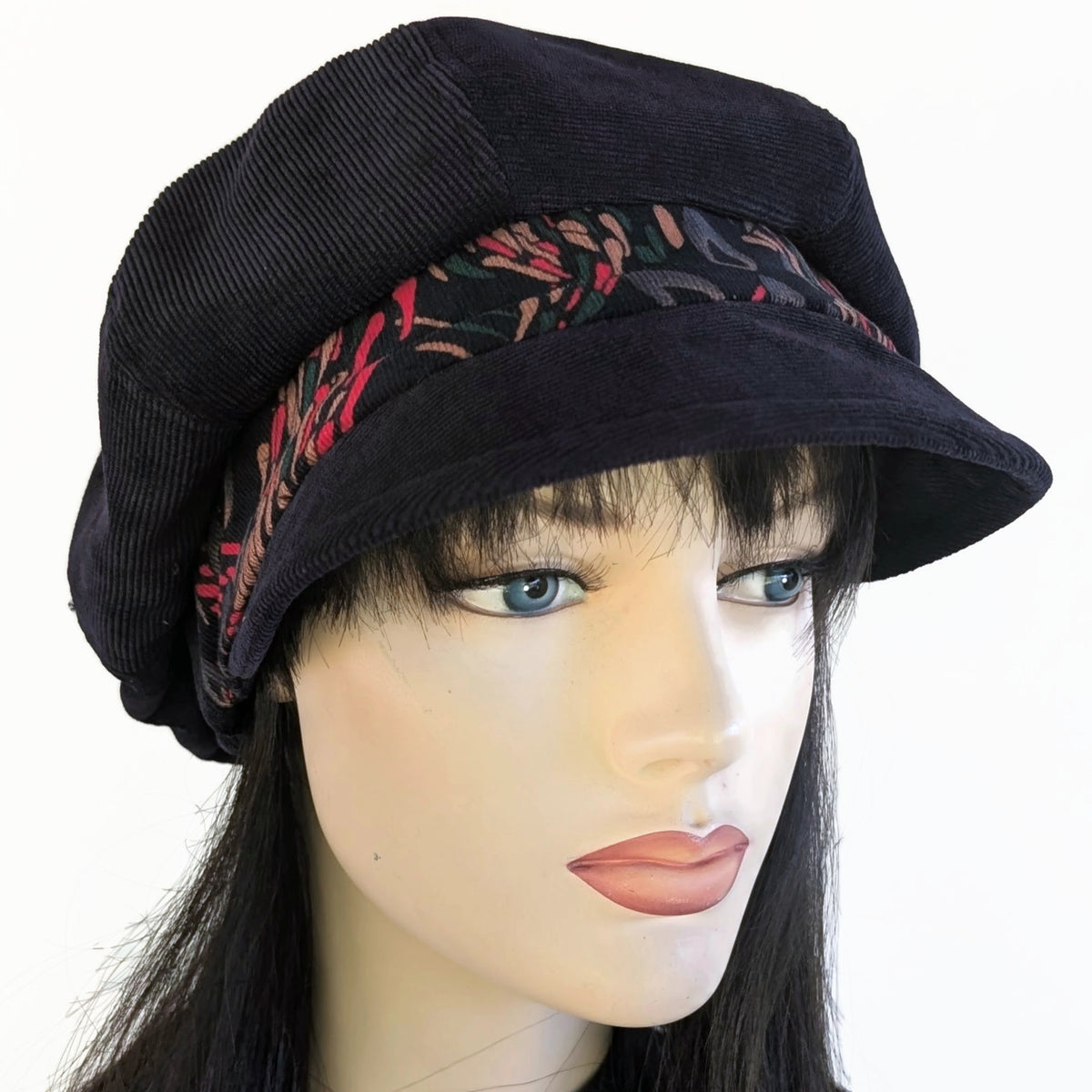 New Boho Fashion Cap in dark navy with navy fun peacock print inspired band, relaxed fit in corduroy