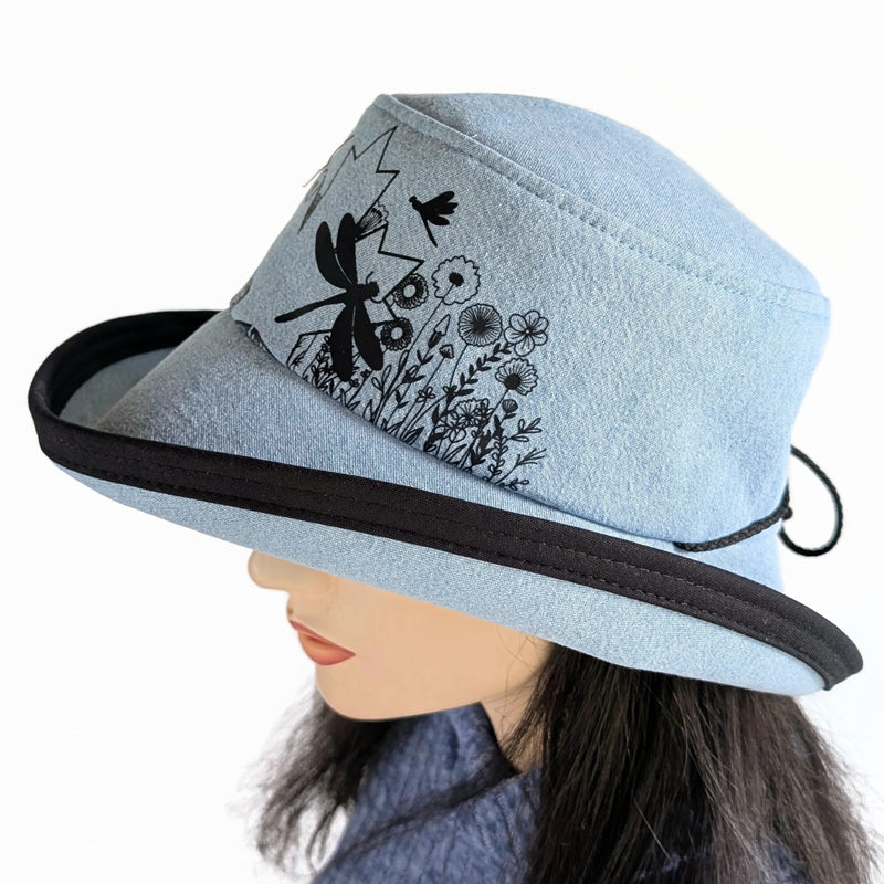 Sunblocker UV summer hat sun hat with wide brim, bleached denim maple leaf and dragonfly print, adjustable fit