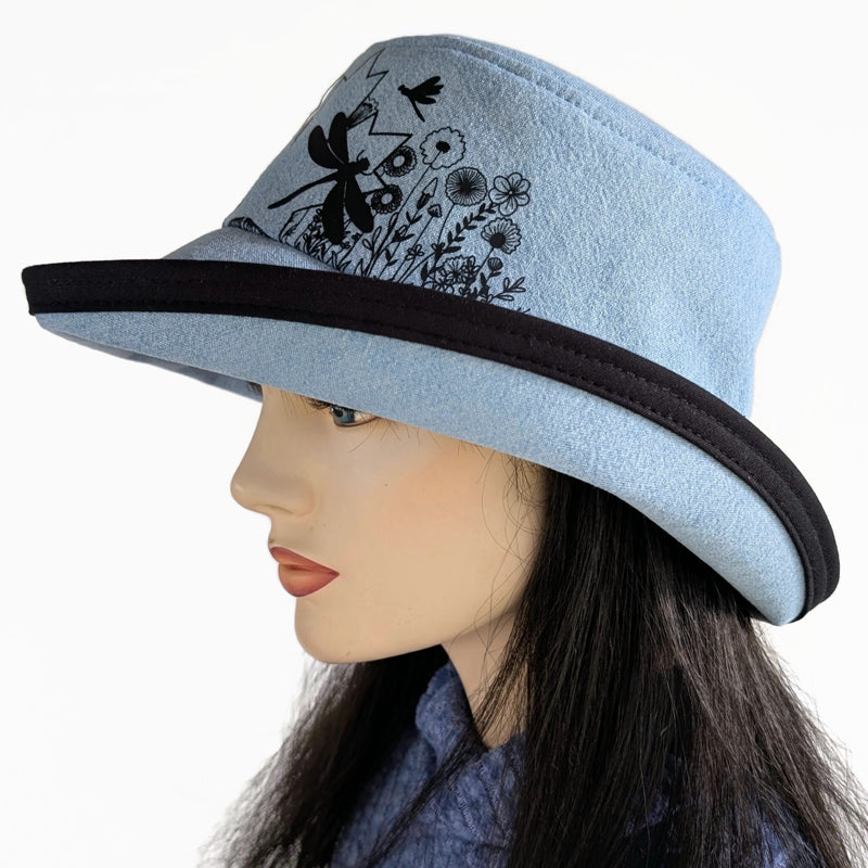 Sunblocker UV summer hat sun hat with wide brim, bleached denim maple leaf and dragonfly print, adjustable fit