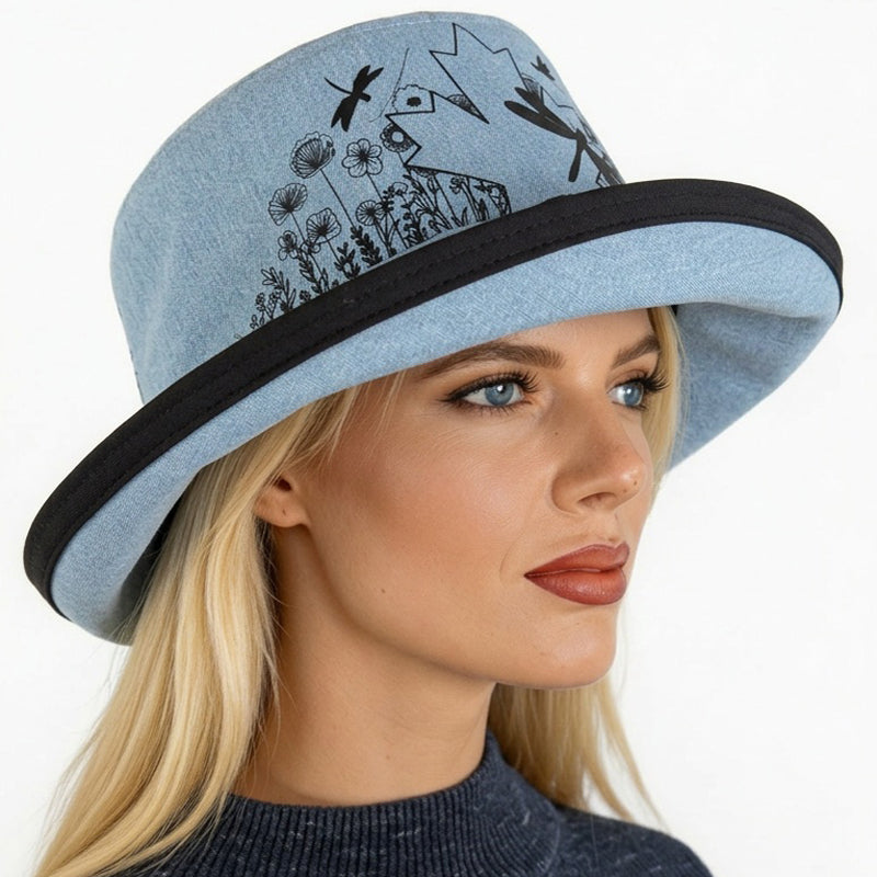 Sunblocker UV summer hat sun hat with wide brim, bleached denim maple leaf and dragonfly print, adjustable fit