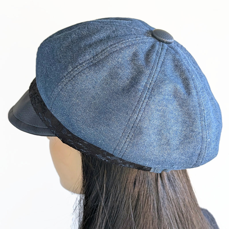 Washed Denim Poorboy Fashion Cap, regular fit, with black lace trim and faux leather visor
