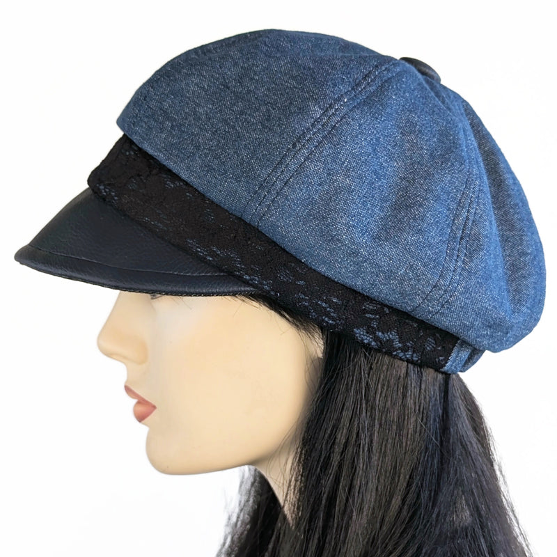 Washed Denim Poorboy Fashion Cap, regular fit, with black lace trim and faux leather visor
