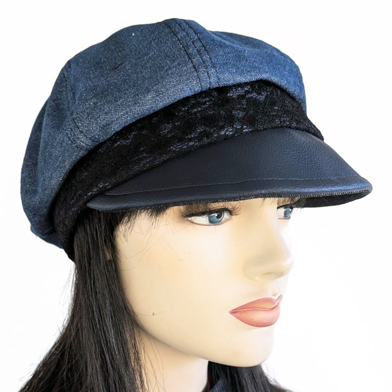 Washed Denim Poorboy Fashion Cap, regular fit, with black lace trim and faux leather visor