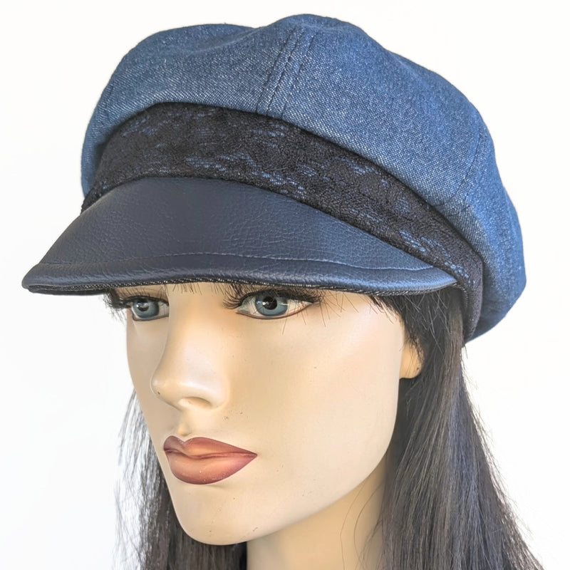 Washed Denim Poorboy Fashion Cap, regular fit, with black lace trim and faux leather visor